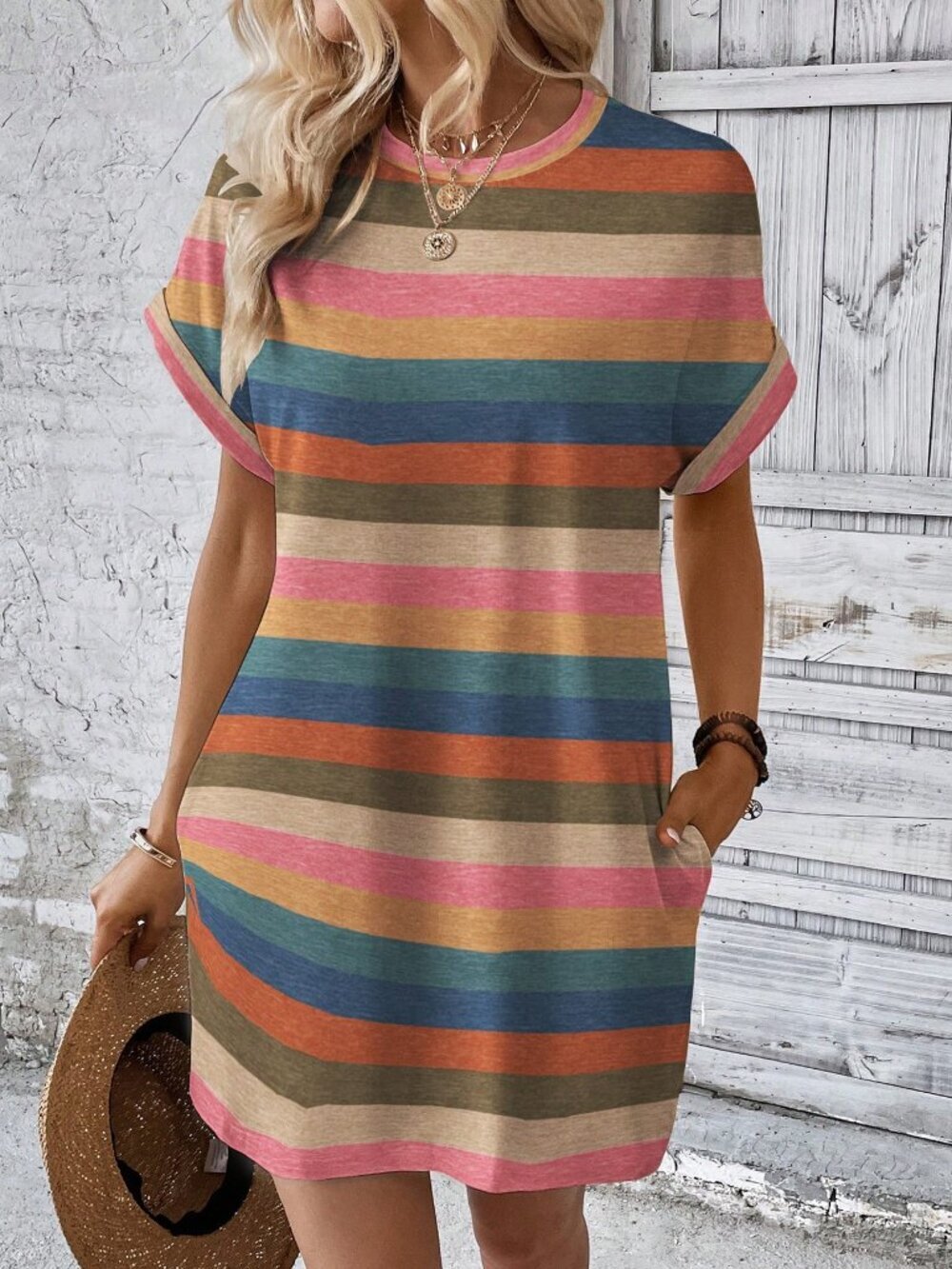 Multicolor Casual Women's Colorful Striped Print Round Neck Short Sleeve Dress